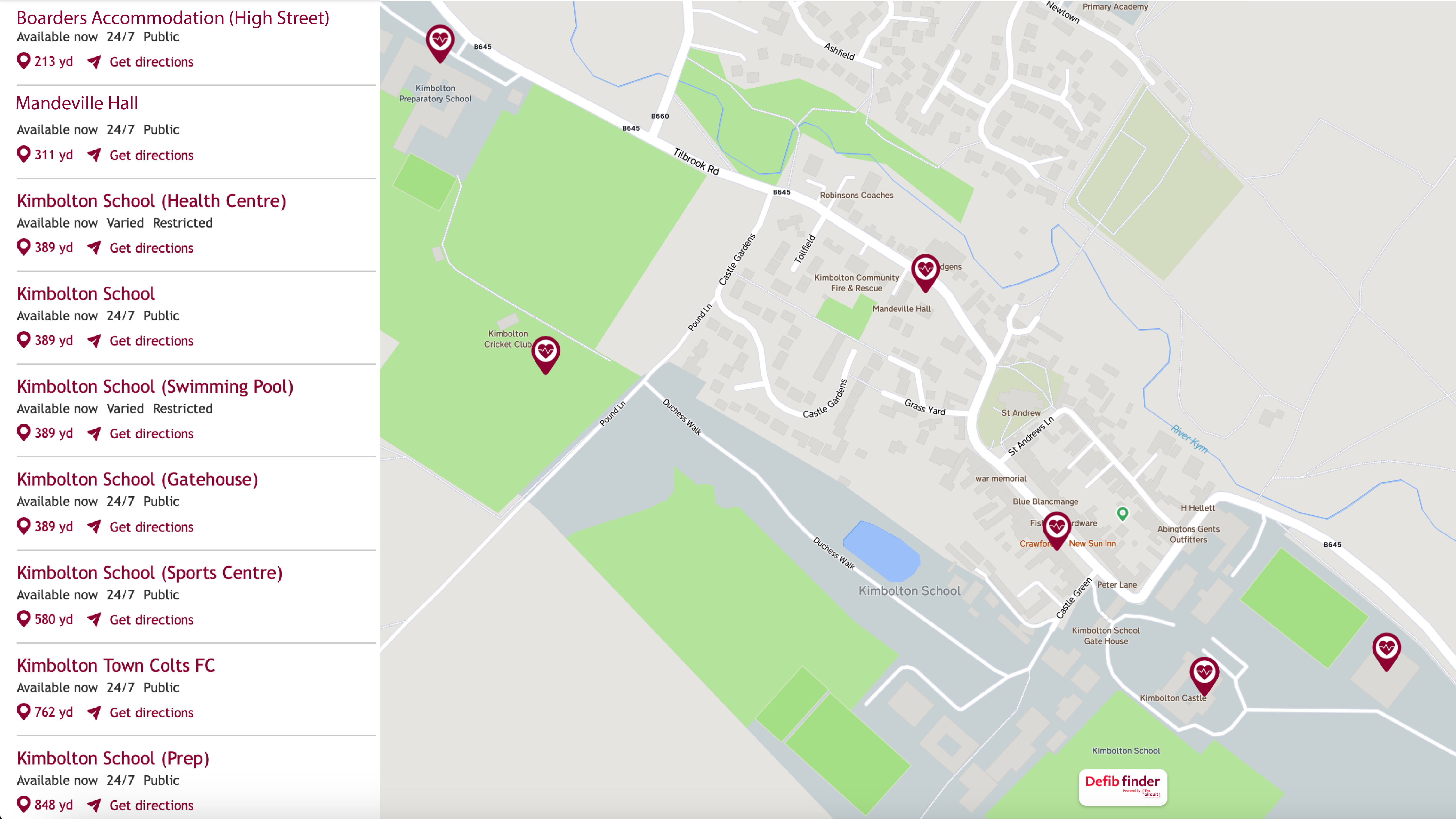 A map of the defibrillator locations around Kimbolton.